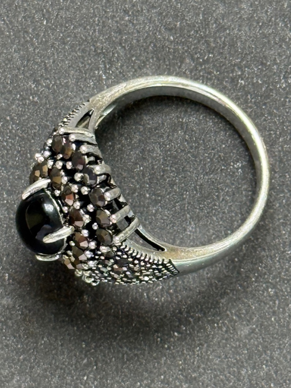 Art Deco Ring Statement Black Onyx Marcasite Halo Sterling Silver (9.5) - Picture 3 of 5